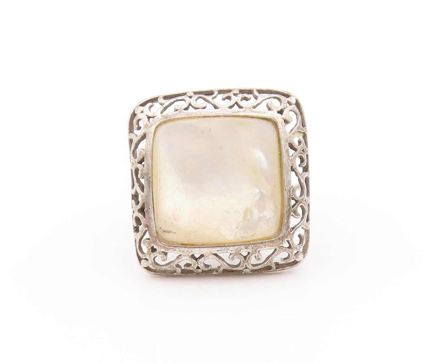 925 Sterling Silver Vintage Ring Amorphas Square Mother Of Pearls  Sz 7  RG32795