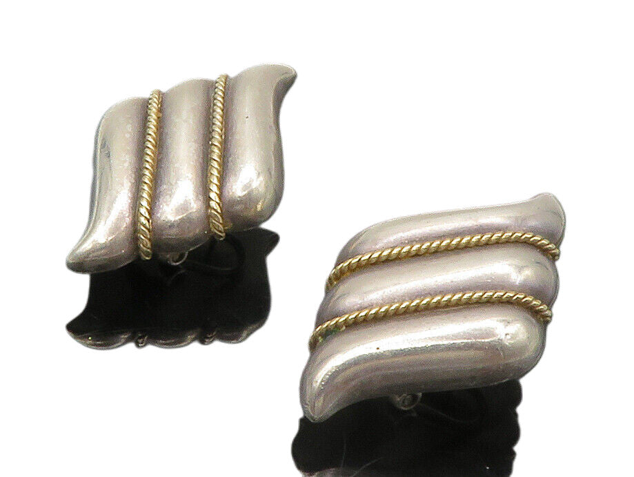 925 Silver & 14K GOLD  Vintage 2 Tone Rope Twist Fluted Drop Earrings  EG7215