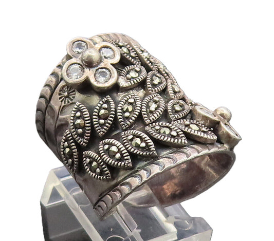 925 Silver  Vintage Carved Marcasite Leaf CZ Flower Broad Ring Sz 7  RG26938