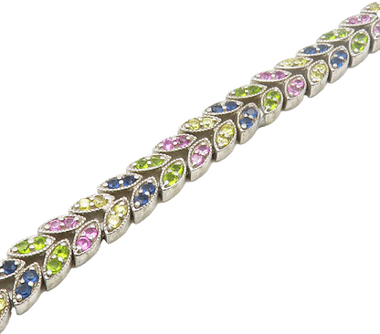 925 Sterling Silver Peridot & Multi Color Topaz Floral Chain Bracelet BT6483