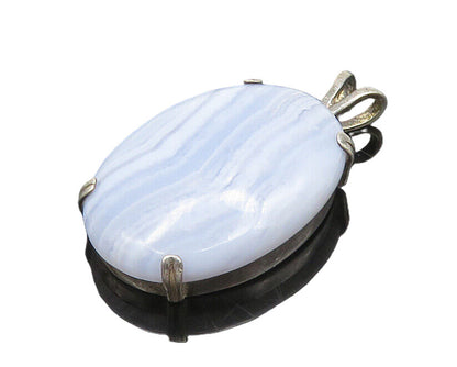 925 Sterling Silver  Vintage Cabochon Cut Blue Agate Oval Pendant  PT15429