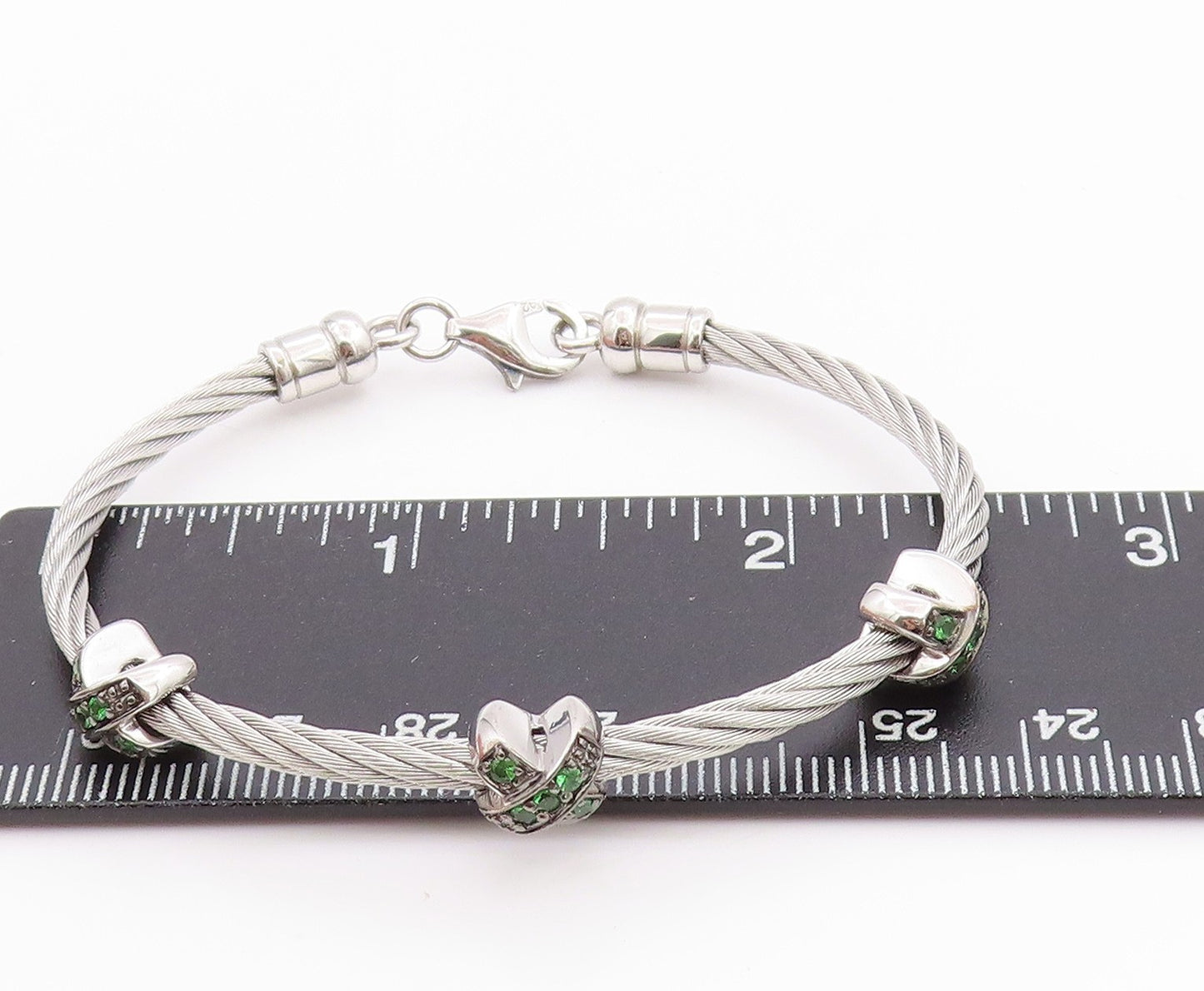 925 Sterling Silver Vintage Bracelet Roped Green CZ Inlay X Bangle  BT11300