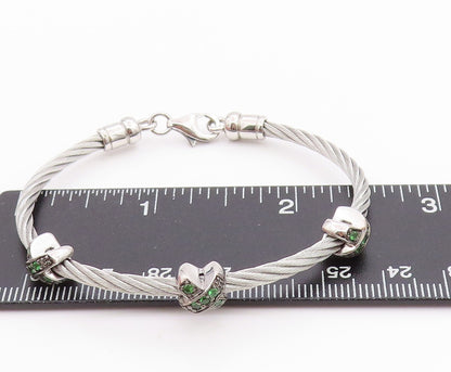 925 Sterling Silver Vintage Bracelet Roped Green CZ Inlay X Bangle  BT11300