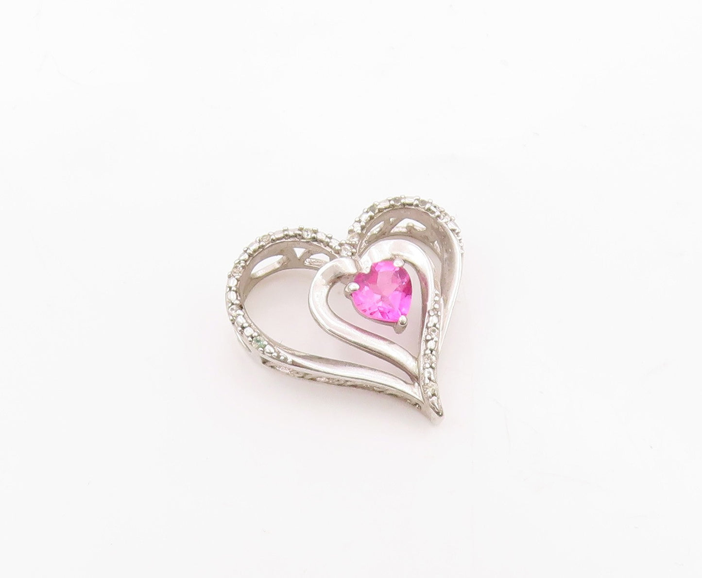925 Silver  Vintage Double Love Heart Ruby & Genuine Diamonds Pendant  PT20487