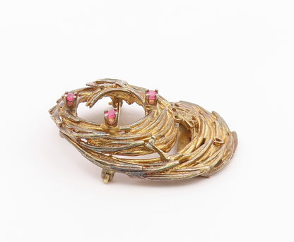 925 Sterling Silver  Vintage Ruby Shiny Sculpted Design Brooch Pin  BP6872