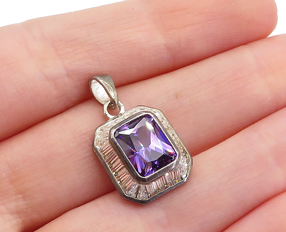 925 Sterling Silver Vintage Purple & White Cubic Zirconia Pendant PT3775