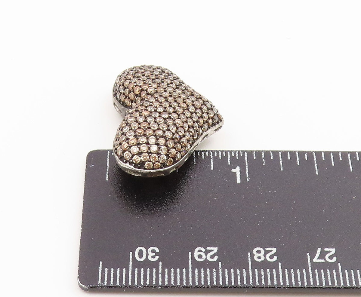 925 Sterling Silver Vintage Pendant Champagne CZ Pave Love Heart Charm  PT26606
