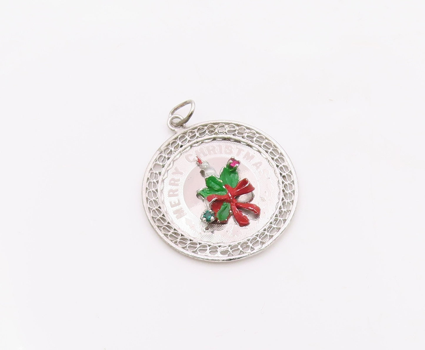 925 Sterling Silver  Vintage Enamel Merry Christmas Candle Pendant  PT18868