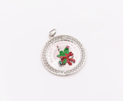 925 Sterling Silver  Vintage Enamel Merry Christmas Candle Pendant  PT18868