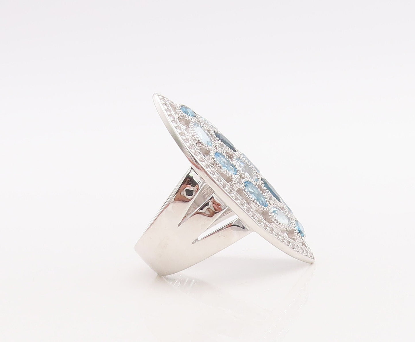 925 Sterling Silver Vintage Ring Carved Oval Cut Blue Topaz Inlay  Sz 7  RG29847