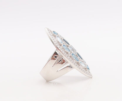 925 Sterling Silver Vintage Ring Carved Oval Cut Blue Topaz Inlay  Sz 7  RG29847