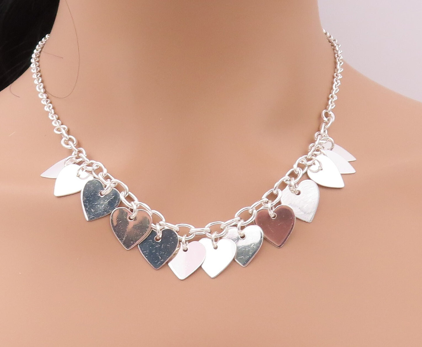 925 Sterling Silver Vintage Necklace Designer Carved Dangling Hearts  NE4389