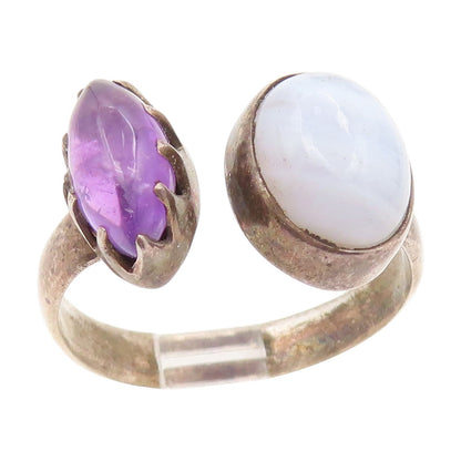 925 Sterling Silver Vintage Ring Amethyst & Moonstone Open Cuff  Sz 9  RG34616