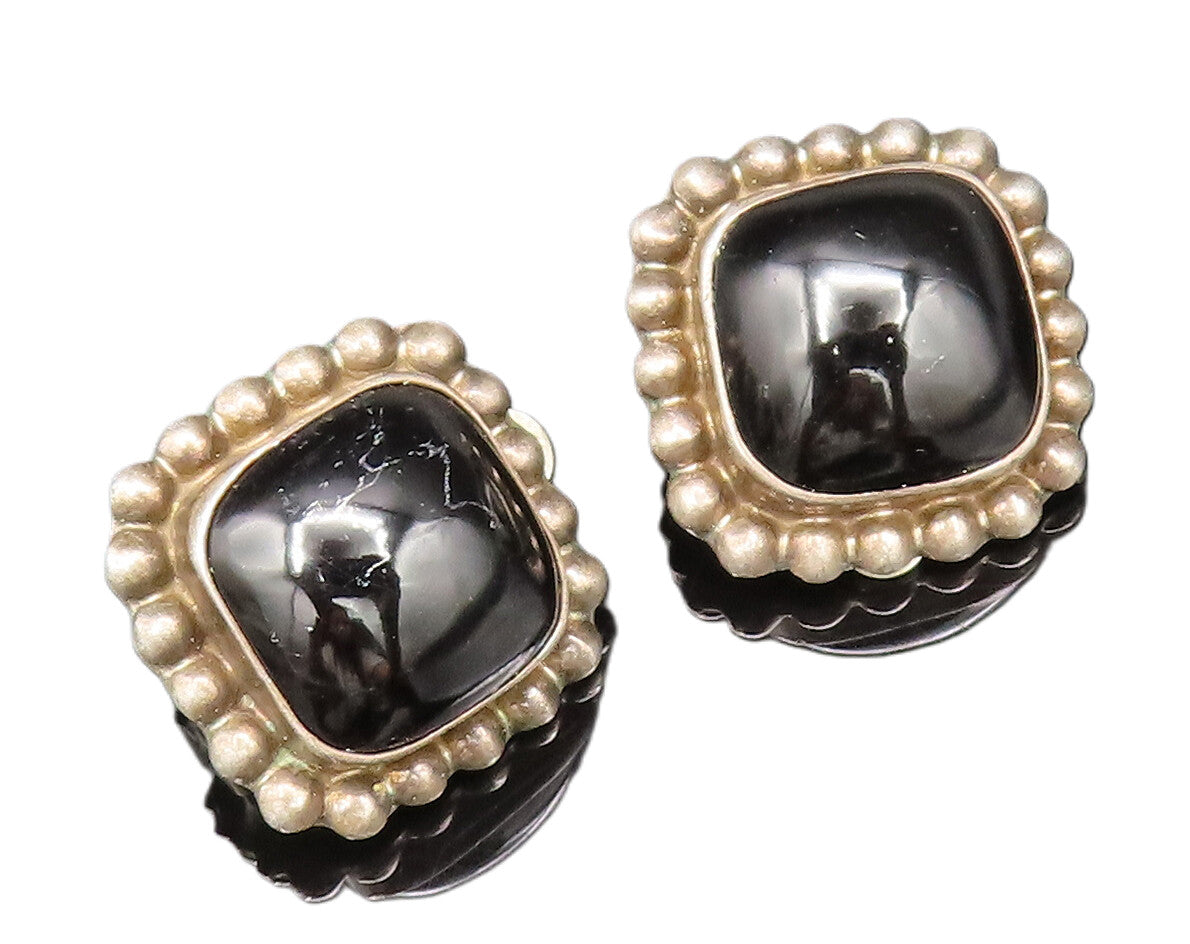 MEXICO 925 Silver  Vintage Beaded Edge Black Onyx Clip Back Earrings  EG12296