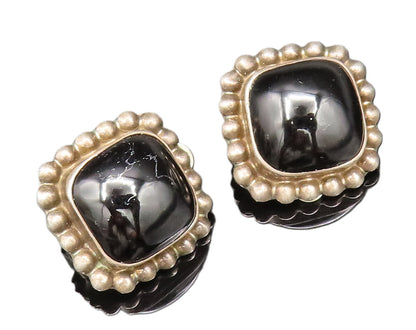 MEXICO 925 Silver  Vintage Beaded Edge Black Onyx Clip Back Earrings  EG12296