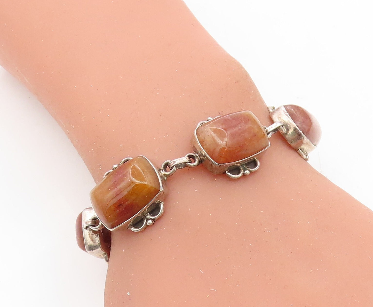 925 Sterling Silver  Vintage Cabochon Cut Carnelian Chain Bracelet  BT3146
