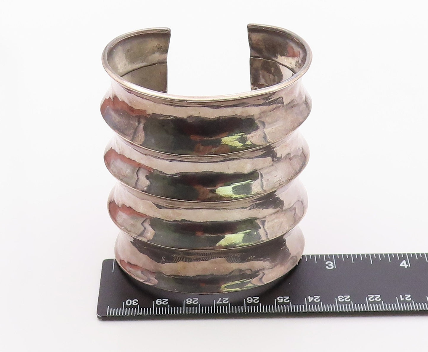 925 Sterling Silver Vintage Bracelet Modernist Solid Ribbed Wide Cuff  BT12136