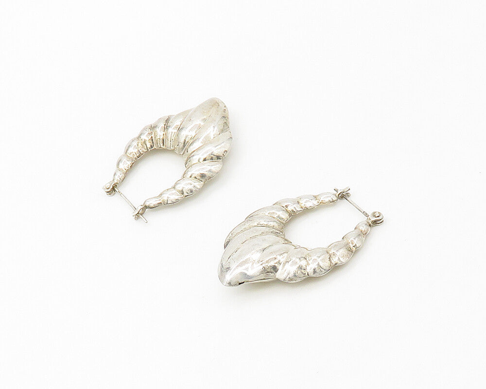 925 Sterling Silver  Vintage Shiny Hollow Fluted Pointed Hoop Earrings  EG8831