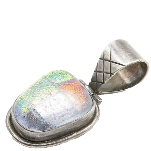 925 Sterling Silver  Vintage Shiny Dichroic Glass Art Drop Pendant  PT15529