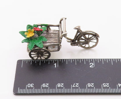 925 Sterling Silver  Vintage Enamel Flowers on Bicycle Wagon Trinket  TR2746