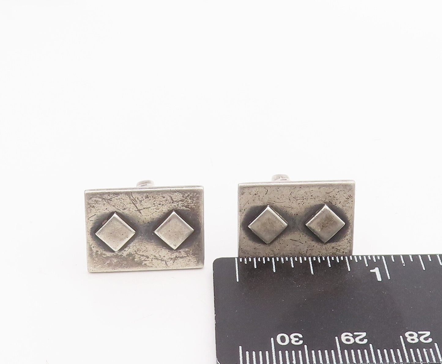 925 Sterling Silver Vintage Cuff Links Solid Rectangle Carved Squares  TR3756