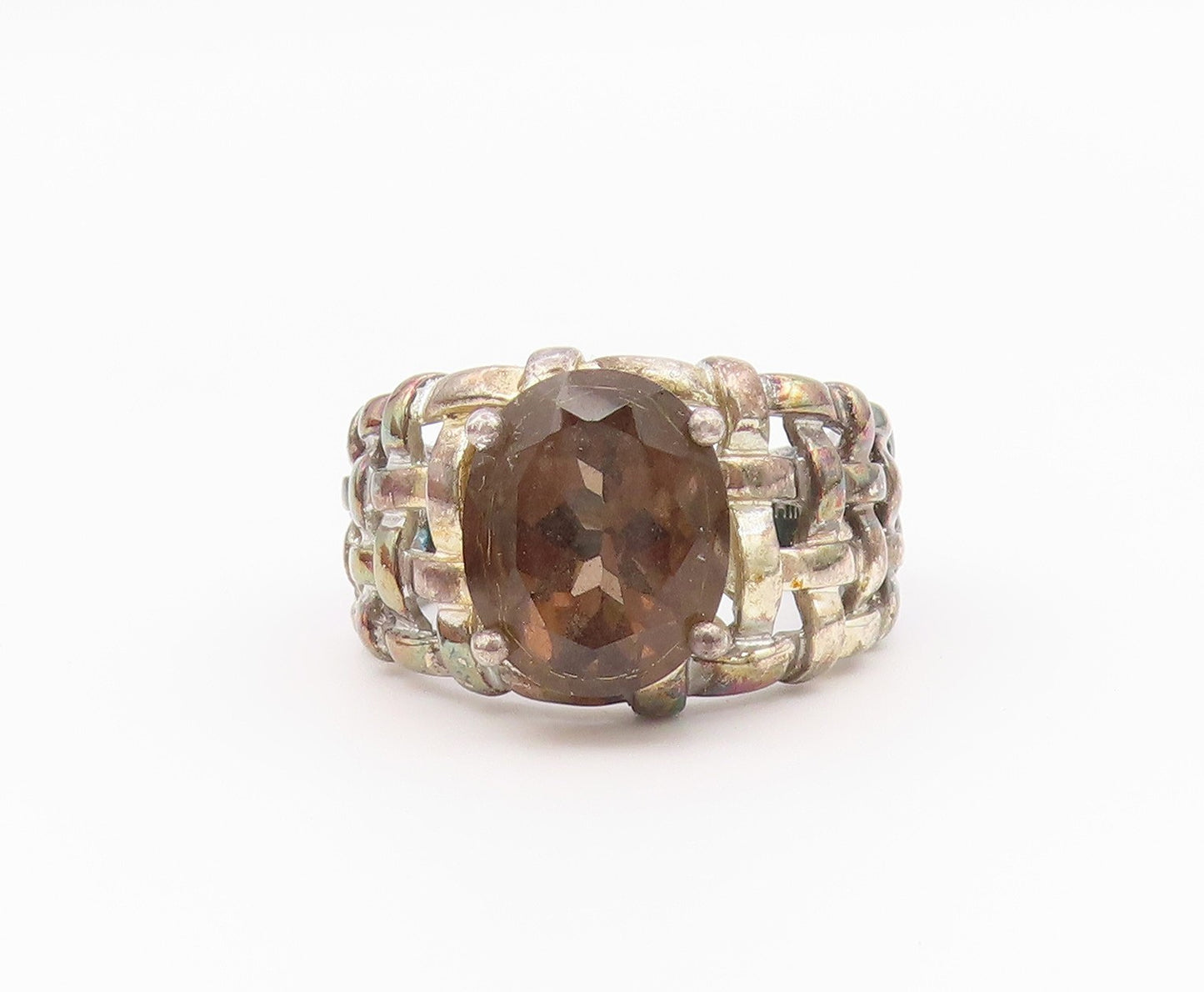 925 Sterling Silver Vintage Ring Smoky Quartz Basket Weave Band  Sz 8  RG36557