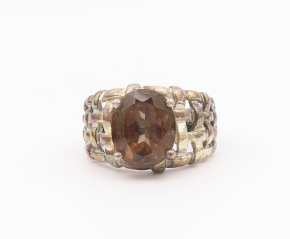 925 Sterling Silver Vintage Ring Smoky Quartz Basket Weave Band  Sz 8  RG36557