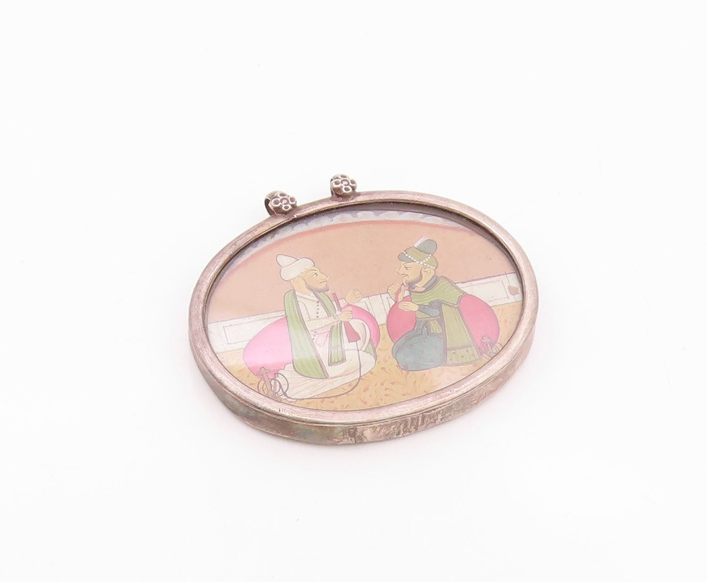 925 Sterling Silver  Vintage Antique Hookah Scene Oval Pendant  PT15679