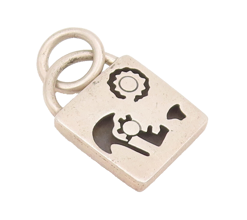 925 Sterling Silver Vintage Pendant MEXICO Carved Mechanical Parts Lock  PT22785