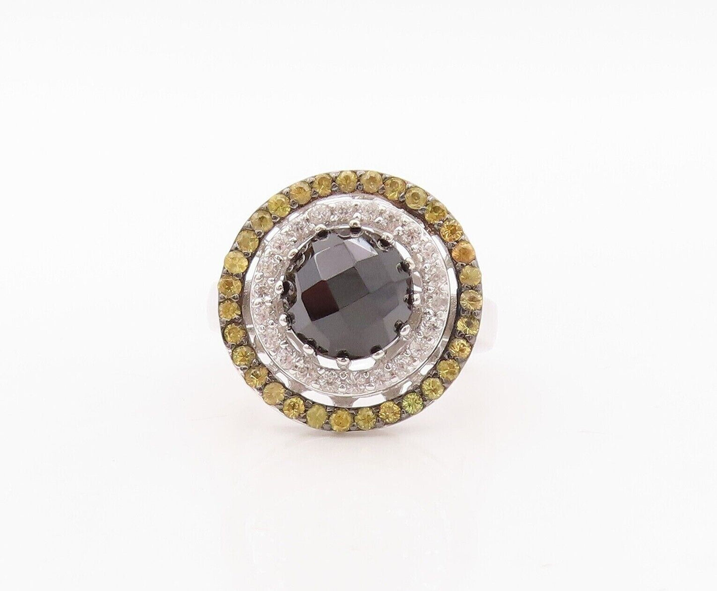 925 Sterling Silver Vintage Ring Round Onyx Halo Yellow & White CZ Sz 7  RG29948