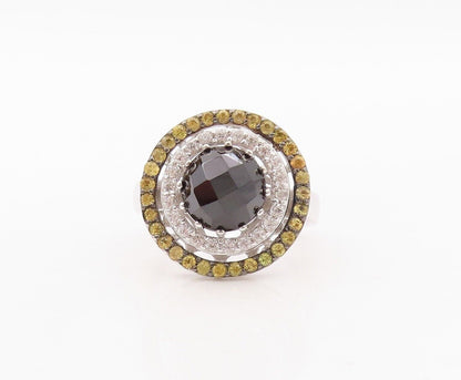 925 Sterling Silver Vintage Ring Round Onyx Halo Yellow & White CZ Sz 7  RG29948