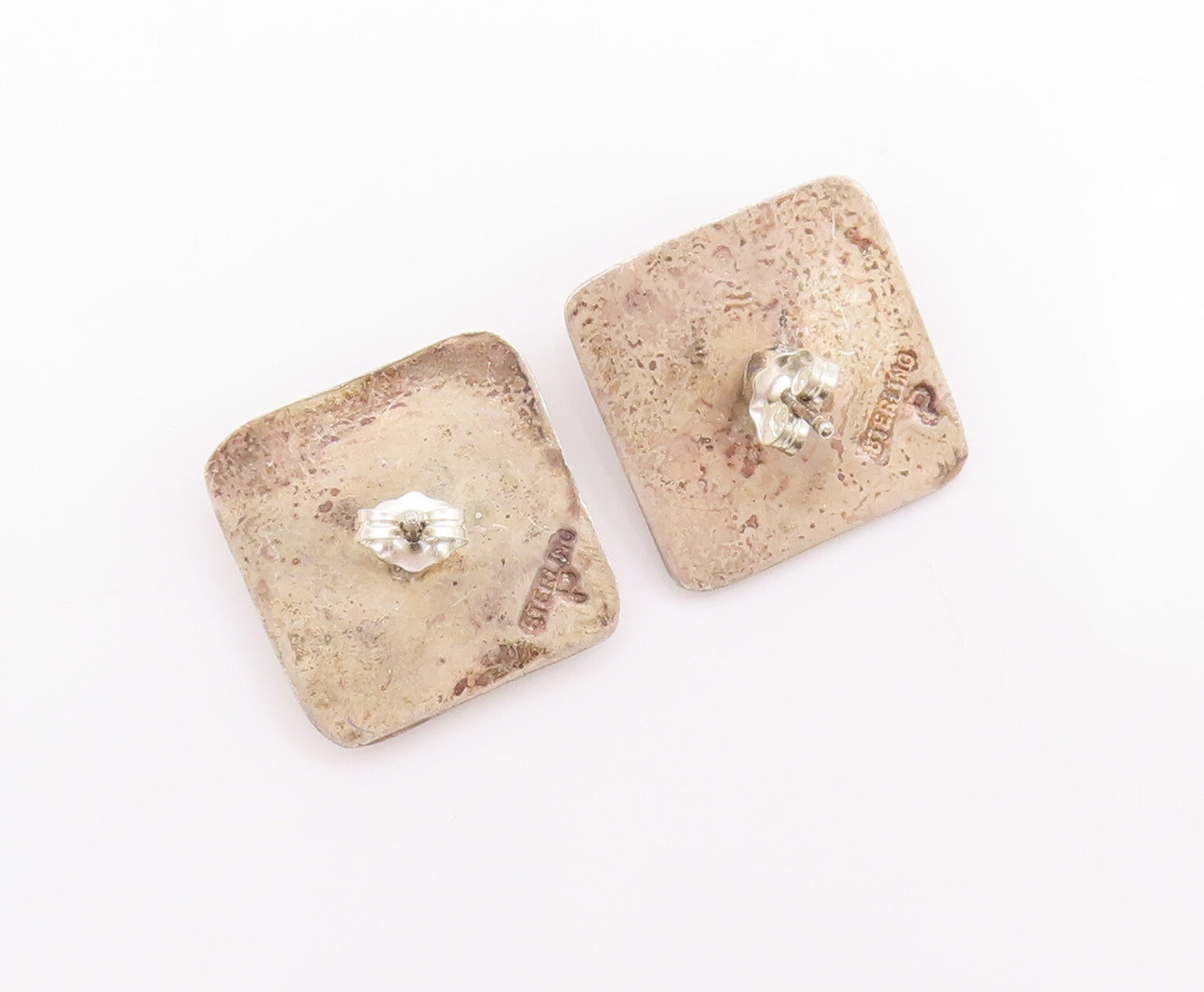 925 Sterling Silver Vintage Earrings NAVAJO Oval Gemstone Square Carved  EG12975