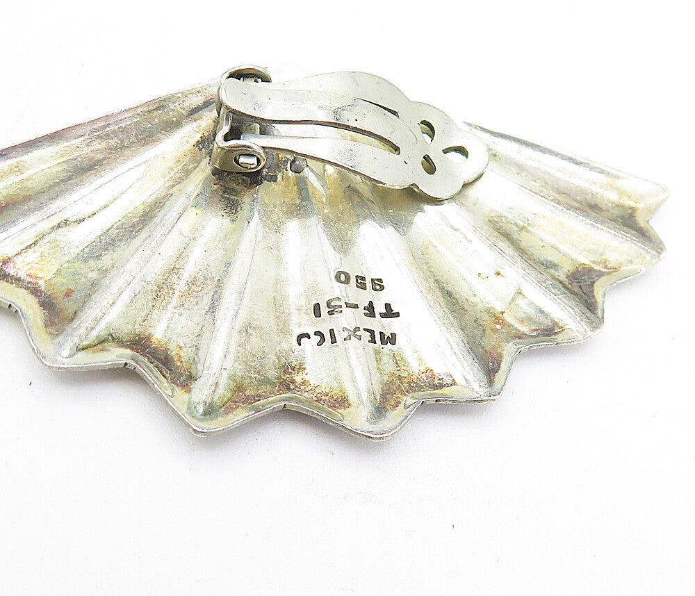 MEXICO 925 Sterling Silver Vintage Shiny Fan Style Non Pierce Earrings EG2235