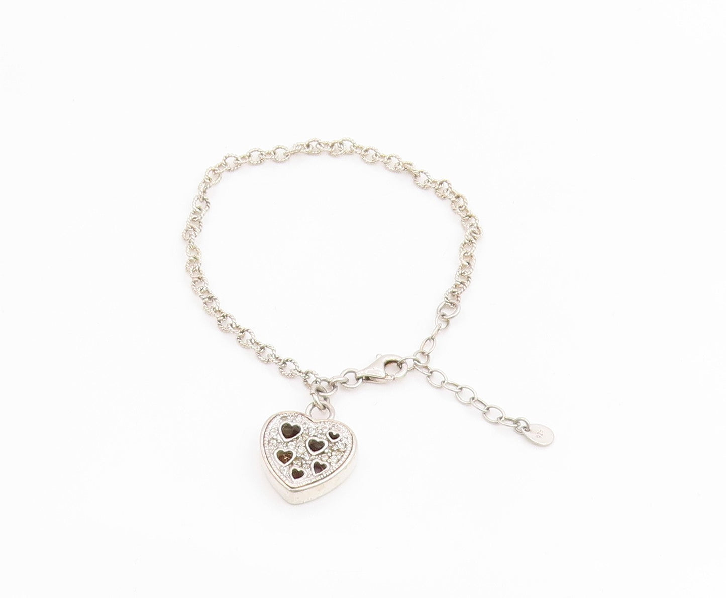 925 Sterling Silver Vintage Bracelet Genuine Diamonds Love Heart Chain  BT11854