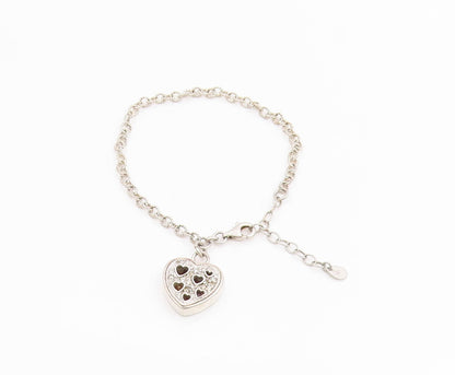925 Sterling Silver Vintage Bracelet Genuine Diamonds Love Heart Chain  BT11854