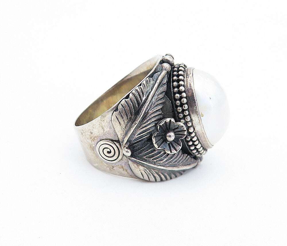 MERAV 925 Sterling Silver  Vintage Pearl Floral Cocktail Ring Sz 7  RG7684