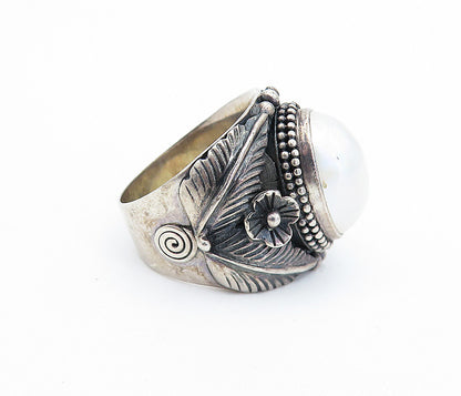 MERAV 925 Sterling Silver  Vintage Pearl Floral Cocktail Ring Sz 7  RG7684