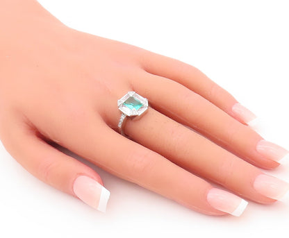 925 Sterling Silver Vintage Ring Rectangle Sea Green White CZ Frame Sz 7 RG29897