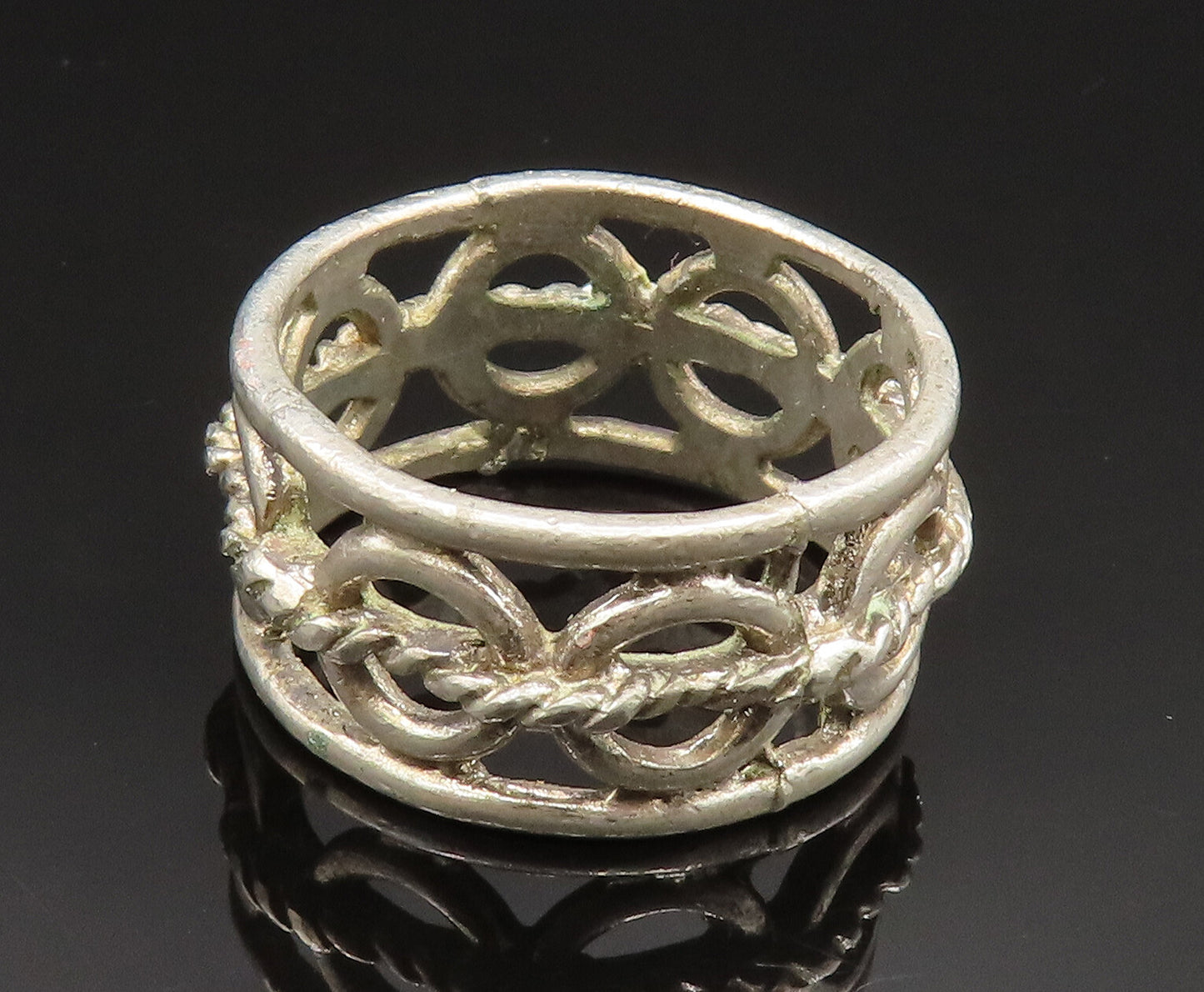 925 Silver  Vintage Twisted Rope & Open Circles Band Ring Sz 10.5  RG24913