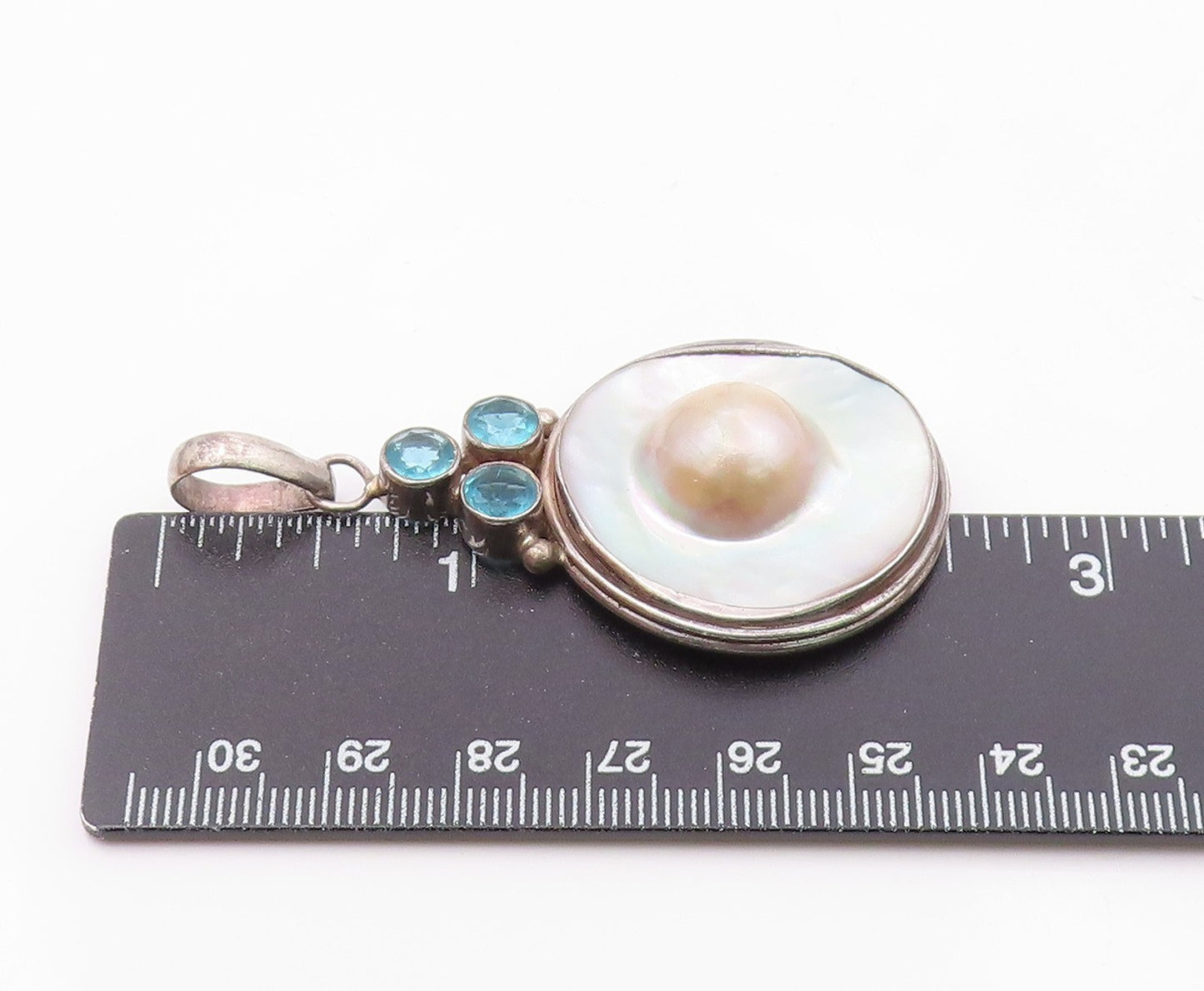 925 Sterling Silver  Vintage Mother Of Pearl & Blue Topaz Pendant  PT17019