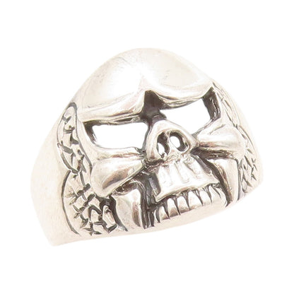 925 Sterling Silver Vintage Ring Chunky Large Carved Skull  Sz 15  RG32876