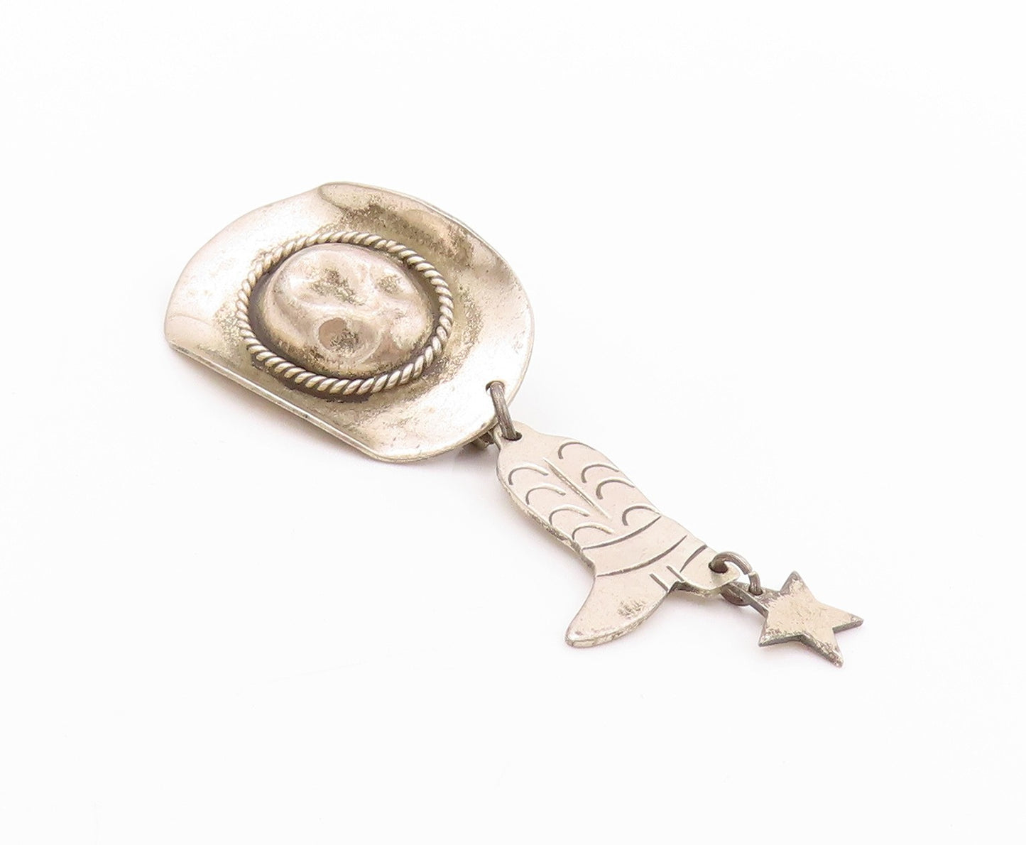 925 Sterling Silver Vintage Brooch Cowboy Hat With Dangling Boots & Star BP11649