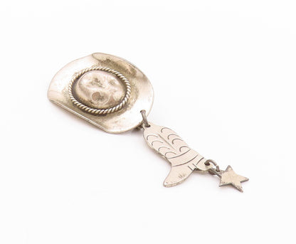 925 Sterling Silver Vintage Brooch Cowboy Hat With Dangling Boots & Star BP11649