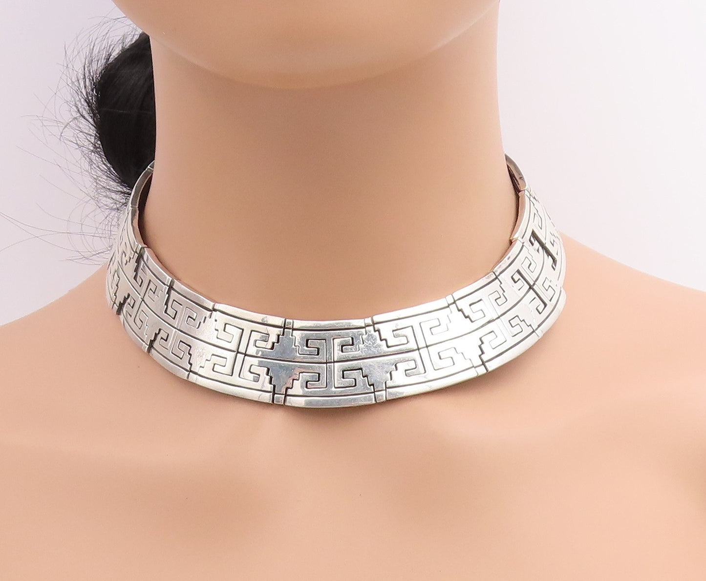 925 Sterling Silver Vintage Necklace MEXICO Geometric Link Choker HEAVY  NE4644
