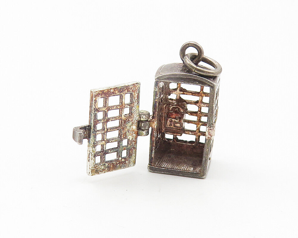 925 Sterling Silver  Vintage Dark Tone Phone Booth Pendant (OPENS)  PT8691