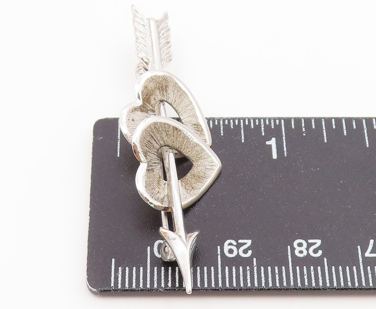 BEAU 925 Silver  Vintage Cupid Arrow Through Love Hearts Brooch Pin  BP9733