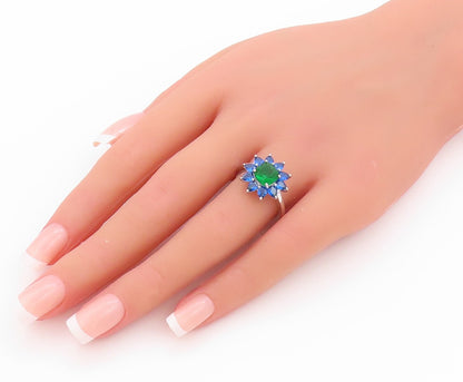 925 Sterling Silver Vintage Ring Green & Blue Gemstone Flower  Sz 7  RG32452