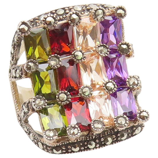 925 Sterling Silver Vintage Ring Gemstone & Marcasite Grid  Sz 9.5  RG36761