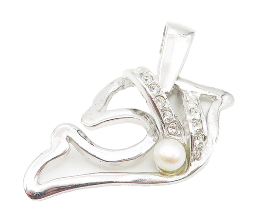925 Sterling Silver  Petite Pearl & Topaz Shiny Dolphin Motif Pendant  PT8999