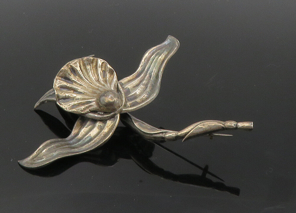 925 Sterling Silver  Vintage Dark Tone Single Flower Motif Brooch Pin  BP3917